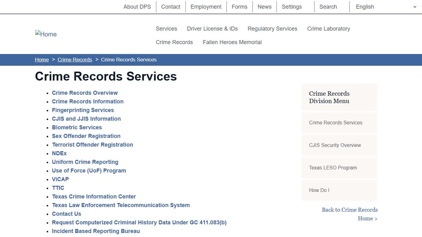 Crime Records Services Department of Public Safety